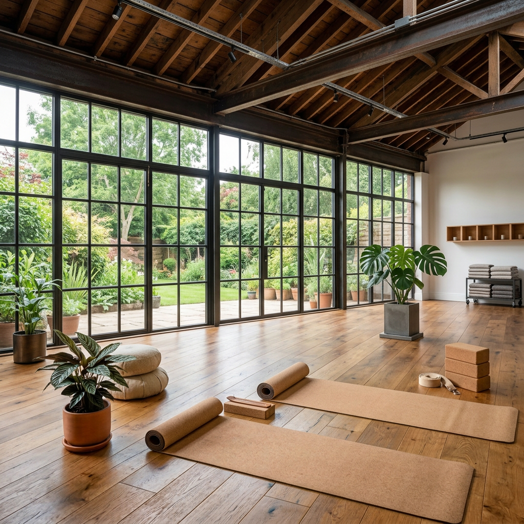 large room with wooden floor, indoor plants and yoga mats